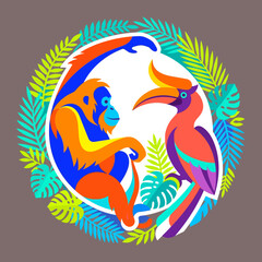 Orangutan and hornbill circular tropical wildlife illustration. © Badi