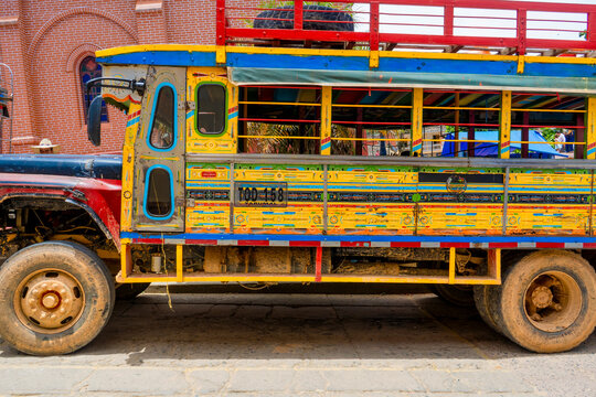 San Roque, Antioquia, Colombia. August 11, 2022. Colorful Chiva bus 