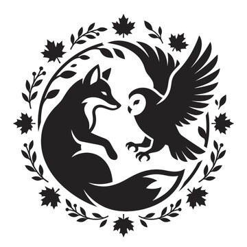Black and white fox and owl silhouette circular frame.