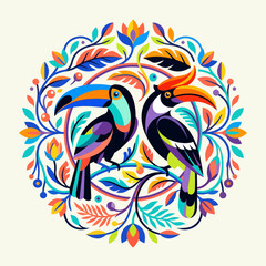 Vibrant toucan and hornbill in ornate circular floral pattern. © Badi