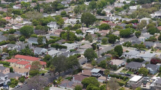 Lush green residential neighborhood in Los Angeles, California with single family homes, jacaranda trees, streets with cars, solar panels on rooftops