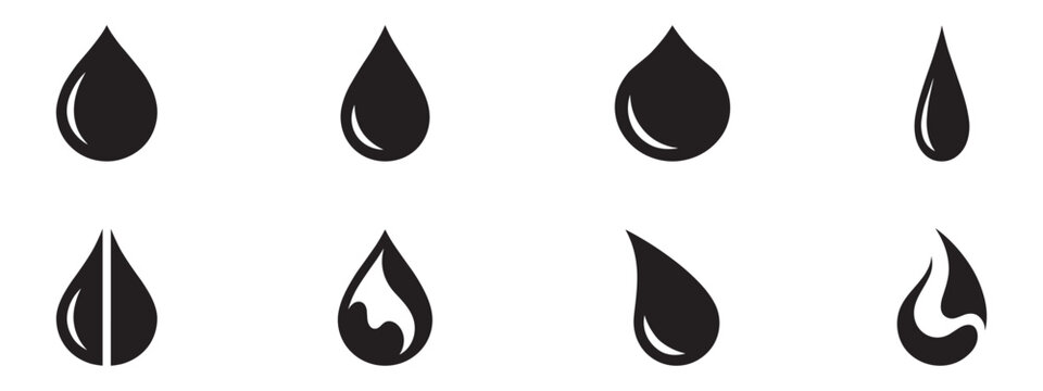 Water drop icon set. Water drop and oil droplet icon set. Liquid splash, nature moisture, and fuel clean energy symbols. Ecology and fluid concept. Vector illustration, vector graphic, EPS 10