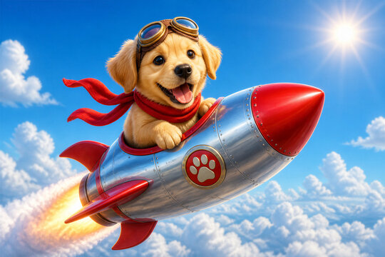 Puppy riding rocket through bright daytime sky above clouds