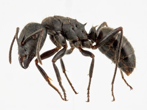 Extreme close up macro photograph of a large black ant showing intricate details of its body segments antennae and legs against a white background