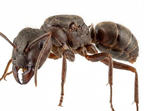 Extreme close up macro photograph of a large black ant with sharp mandibles and segmented body isolated on a white background