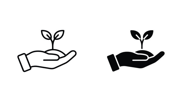 Hand holding small green plant sprout icon vector set