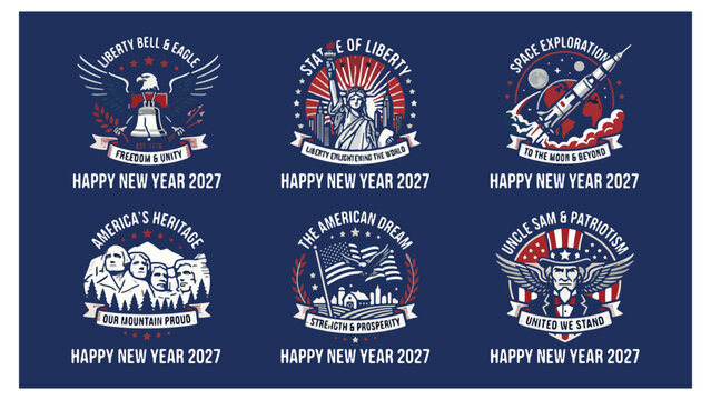 Comprehensive patriotic new year 2027 vector collection featuring statue of liberty space exploration mount rushmore and uncle sam emblems patriotic rushmore collection celebration