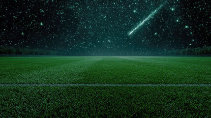 Obraz premium Majestic night sky filled with stars and a bright shooting star meteor falling over an empty green grass field soccer stadium field under a starry night celestial landscape backdrop