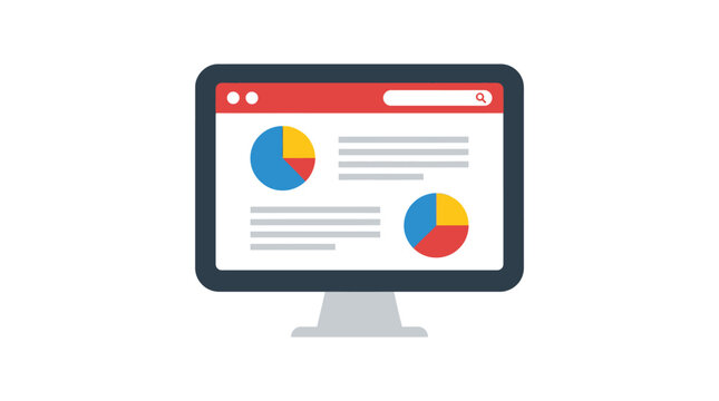 Minimalist vector illustration of a computer monitor displaying colorful business pie charts and analytical data
