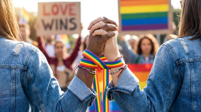 hand of LGBT women holding together with rainbow ribbon symbol; concept of LGBT pride, LGBTQ people, lgbt rights campaign, same sex marriage