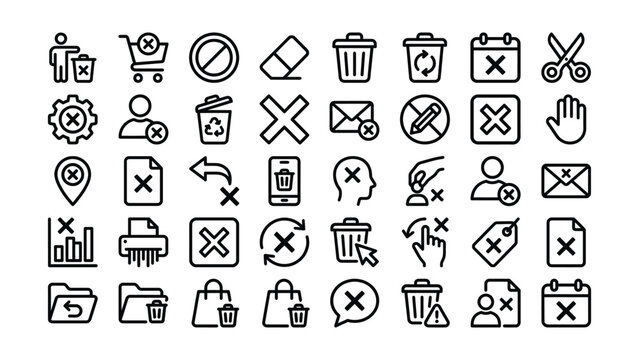 Collection of various modern line style delete icons and symbols for graphic design