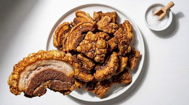 Golden Crispy Pork Chicharr&oacute;n Pile on White Plate &ndash; Latin American Snack Stock Photo