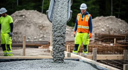 Fototapeta premium Construction site workers pouring concrete for building foundation