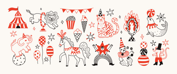 Simple naive circus animals and elements illustration set. Lion, horse, tiger, seal. Amusement park, party. Doodle simple cartoon funny contour line style. Logo, branding, icon, print, tattoo. © Anna