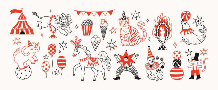 Simple naive circus animals and elements illustration set. Lion, horse, tiger, seal. Amusement park, party. Doodle simple cartoon funny contour line style. Logo, branding, icon, print, tattoo.