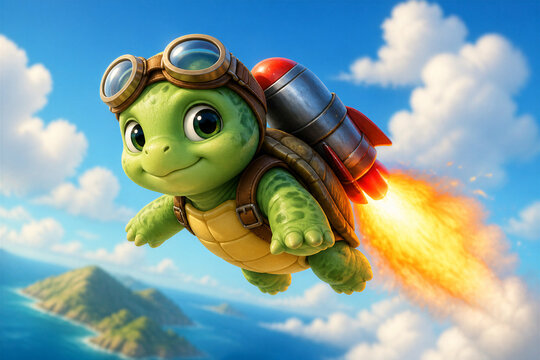 Turtle wearing jet pack flying above islands in bright sky