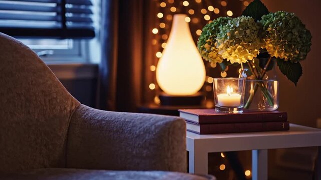 A cozy living room scene with a sofa, side table, flowers, and a lit lamp at night.