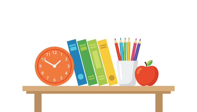 Stack of four books next to a round orange clock with pencils in a cup and a red fruit on a desk for office planning and organization.