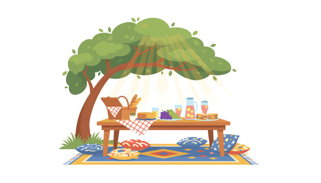 Picnic table under a large green tree with food, drinks, and a basket on a patterned rug with cushions for outdoor leisure.