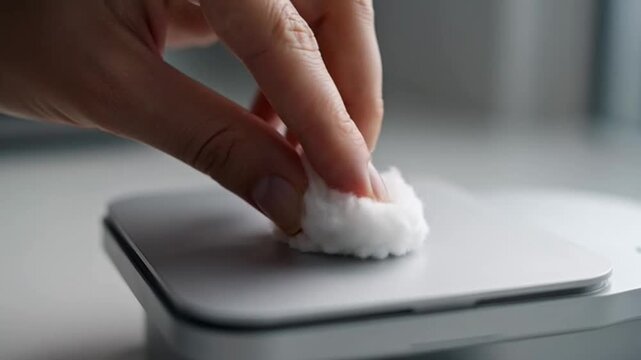 Hand cleaning white electronic device surface with cotton ball close up.