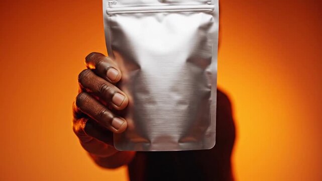 Hand holding blank silver foil pouch mockup on orange background.