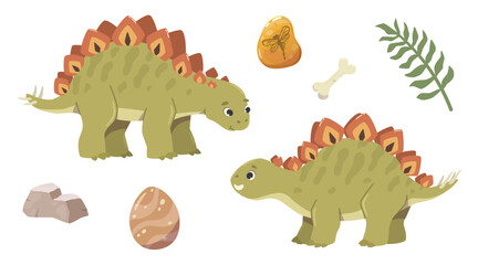 Herbivorous dinosaur with brightly colored plates across its back and caps on its tail. Stegosaurus character in two poses. Prehistoric animal © Ксения Хомякова
