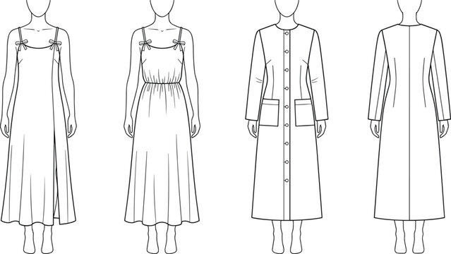 Technical fashion sketches of women's dresses, featuring a camisole style with bows and a button-front coat dress.