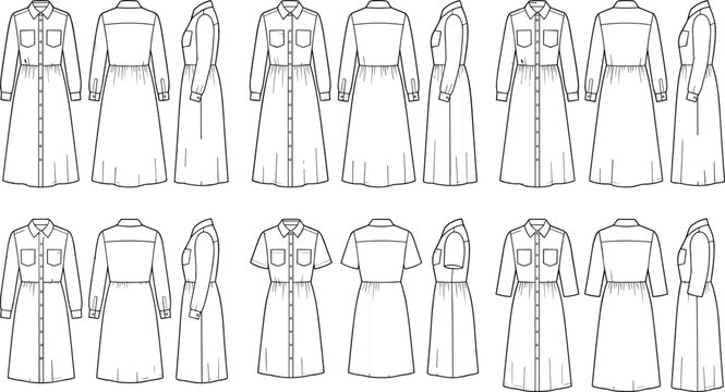 Technical fashion sketches of women's shirt dresses with various sleeve lengths, chest pockets, and elastic waist details.