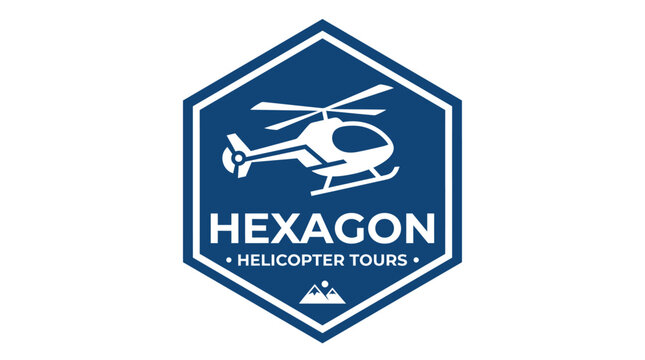 Hexagon helicopter tours logo with mountain and aircraft silhouette.