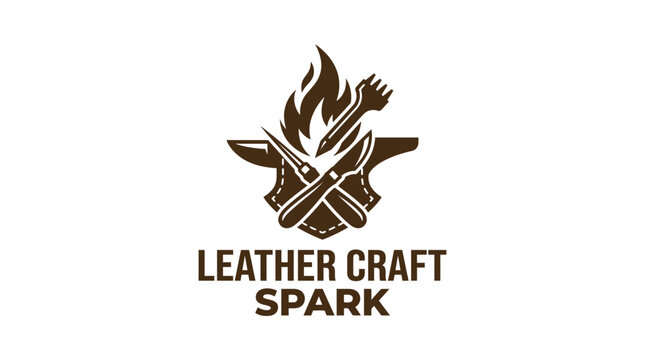 Leather craft spark logo with anvil tools and fire.