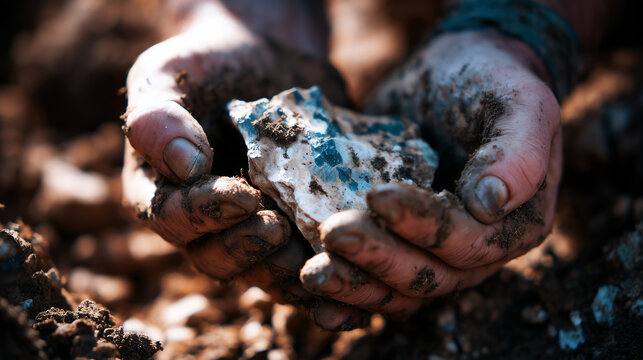Dusty bare hands cradling a freshly unearthed blue mineral fragment held up to the light at a sunlit archaeological dig site