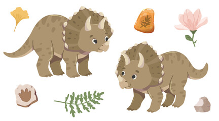 Herbivorous dinosaur with a protective bony frill and horns on its head. Triceratops character in two poses. Prehistoric animal © Ксения Хомякова