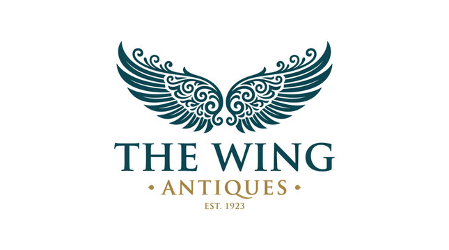 The Wing Antiques logo with ornate feathered wing illustrations.