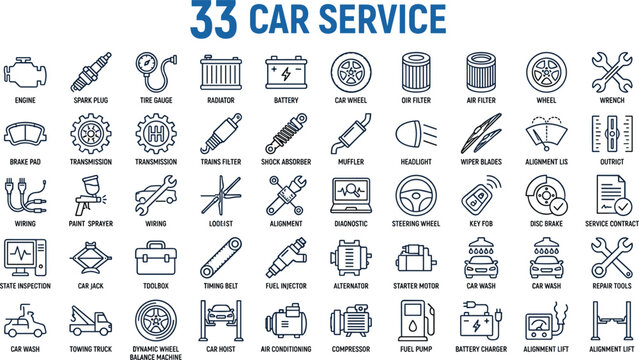 Automotive Car Service Icon Set Collection with Repair, Maintenance, Garage Tools, Diagnostics, Tire, Battery, Engine, and Vehicle Inspection Symbols