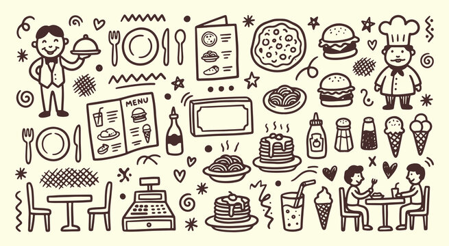 Hand drawn restaurant doodle set with cafe characters food items and dining icons in vector line art style