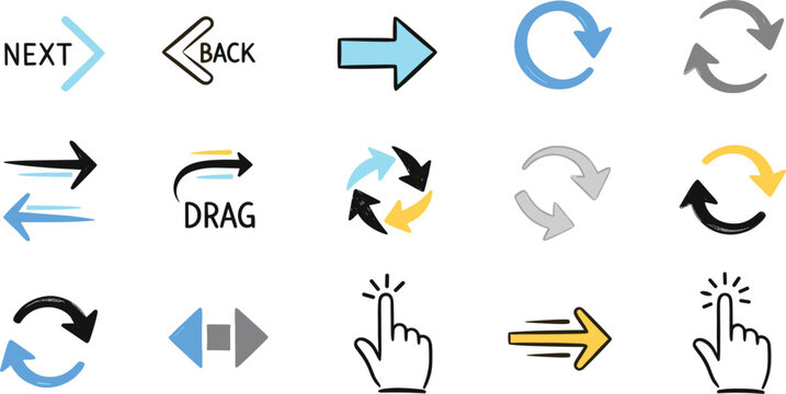 Hand drawn arrow vector icon set with next back drag refresh reload undo and clicking hand cursor pointers