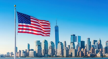 Naklejka premium Waving American Flag in Front of New York City Skyline