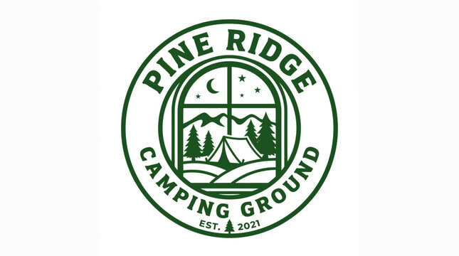Circular mountain and tent logo for camping ground.