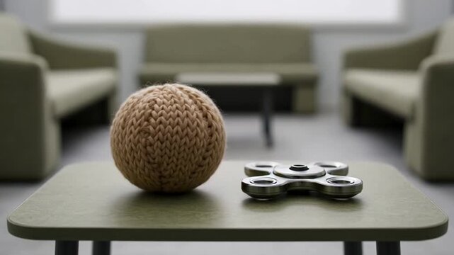 Knitted yarn ball falling on table next to fidget spinner.