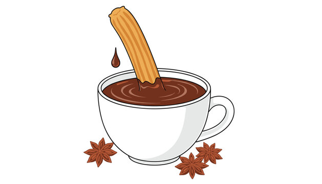 Crispy churro dips into steaming cup of dark hot chocolate surrounded by star anise spices for sweet dessert indulgence.
