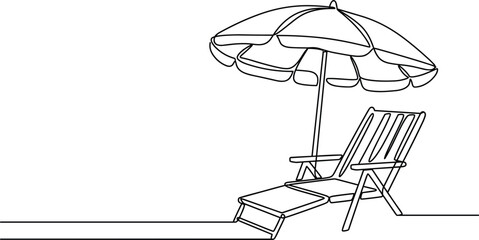 Fototapeta premium Continuous One Line Drawing Of Beach Chair And Umbrella For Summer Vacation Travel Resort Relaxation Tourism Horizon Graphic Vector Illustration