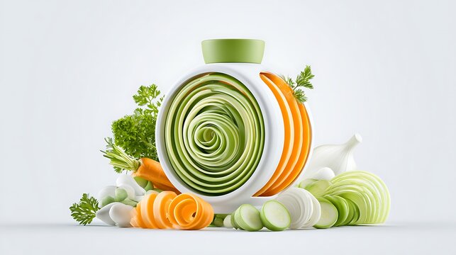 Vegetable spiralizer tool with sliced fresh produce isolated on white background