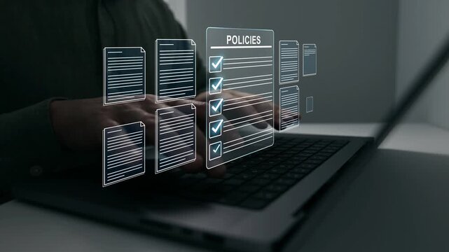 Modern governance, legal standards, policy management ensuring transparency, safety, structured organizational control.Compliance law,corporate rules concept with documents, checkmarks, regulation