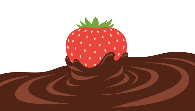 Ripe red strawberry partially submerged in a rich cocoa pool creating ripples in a professional studio setting for culinary promotion.