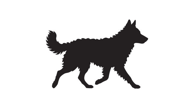 Silhouette of a running dog in motion against white background