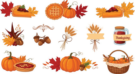 Thanksgiving elements collection with pumpkin pie autumn leaves basket wheat and acorns isolated on white background vector illustration © Kulsum