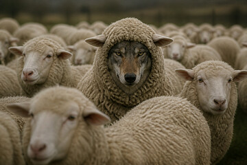 Fototapeta premium Wolf disguised among sheep standing in pastoral field