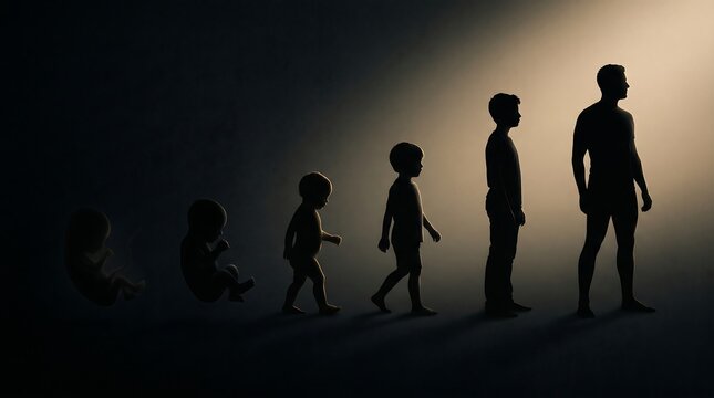 Human life cycle progression from fetal development to adulthood in silhouette