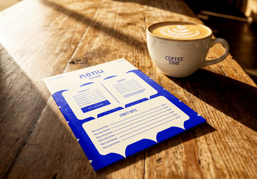 Folded Menu on Cafe Wooden Table Mockup