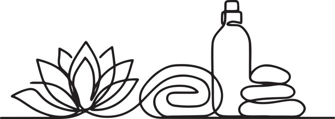 Spa cosmetic beautiful flower with towel bottle and zen basalt stones. one line art icon drawing vector © MDROBIUL